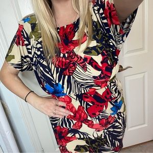 Jones New York Floral Short Sleeve Tropical Blue Red Dress Size 10